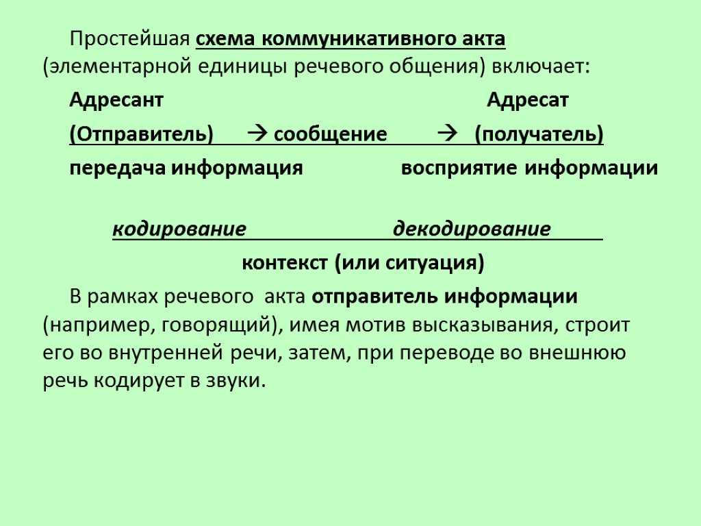 Простейшая схема коммуникативного акта (элементарной единицы речевого общения) включает: Адресант Адресат (Отправитель)  сообщение